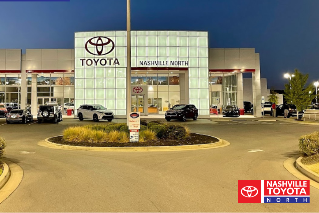 The exterior of Nashville Toyota North dealership on a cloudy day.