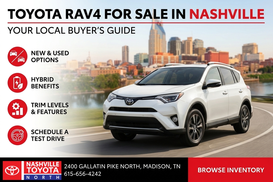 driving on a road above a Nashville skyline, plus icons for new/used options, hybrid benefits, trim features, and scheduling a test drive.