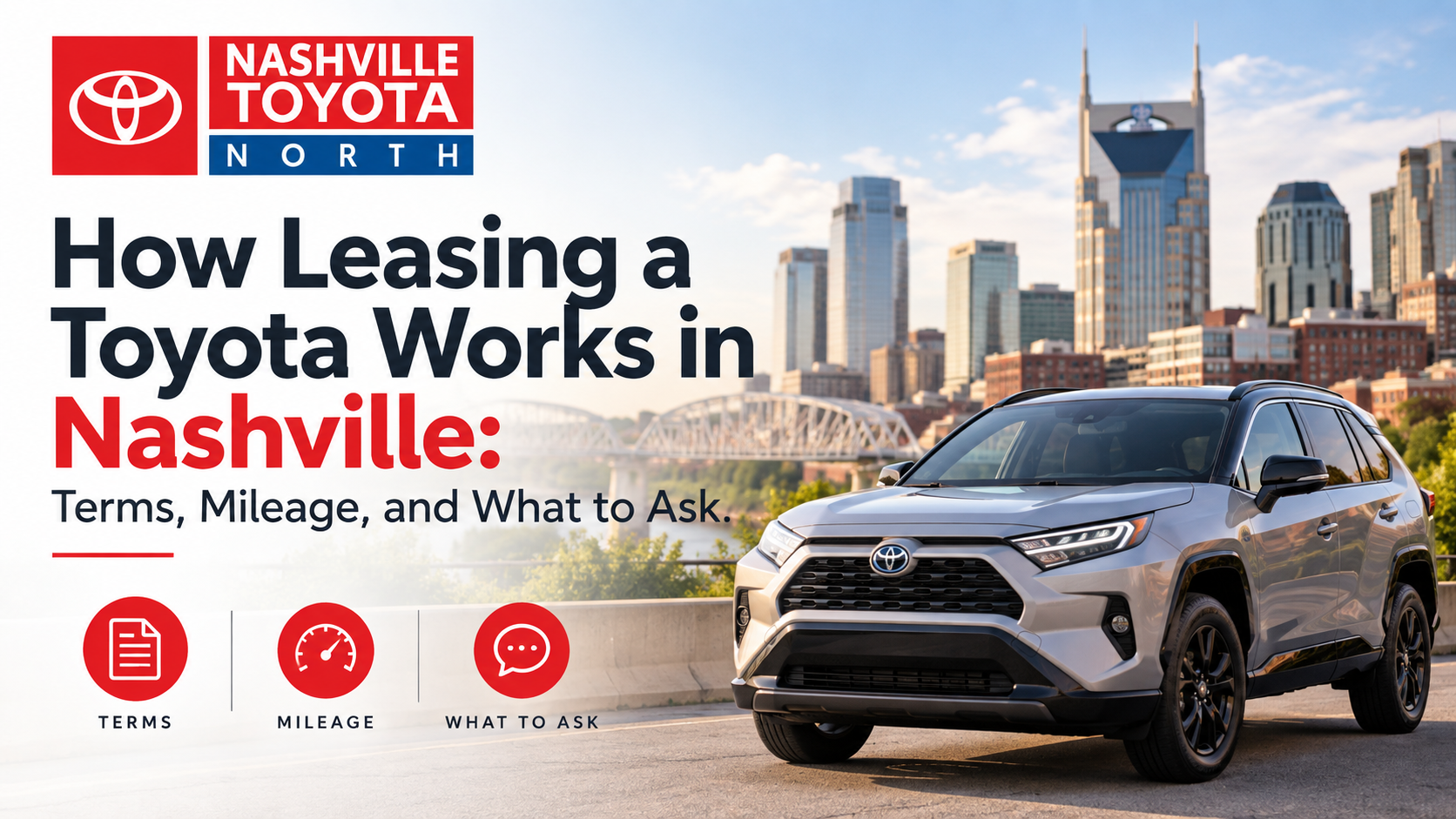 Toyota RAV4 with the Nashville skyline promoting a guide to Toyota leasing terms, mileage, and questions to ask at Nashville Toyota North.