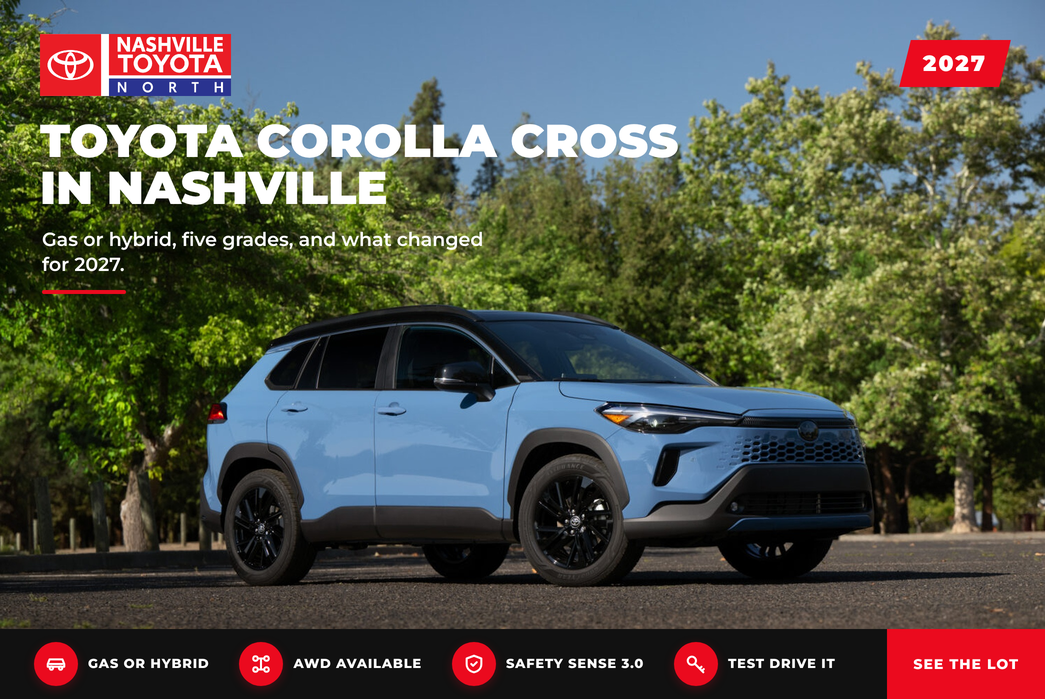 2027 Toyota Corolla Cross Hybrid XSE in Cavalry Blue, featured in a Nashville Toyota North blog post