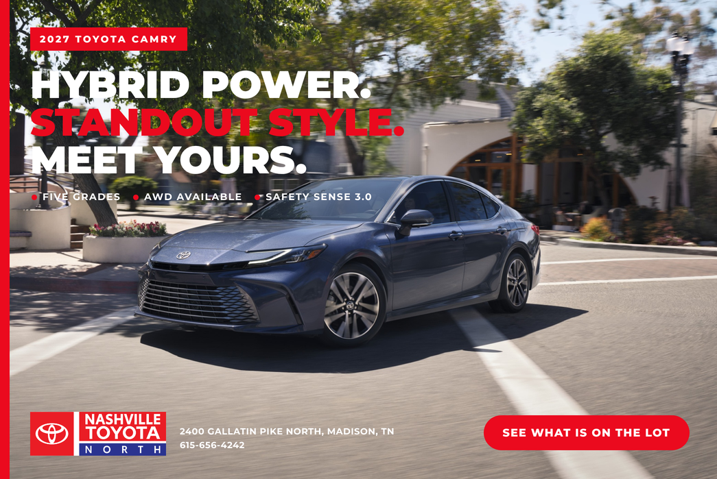 2027 Toyota Camry featured in a Nashville Toyota North blog post on grades, hybrid power and all wheel drive