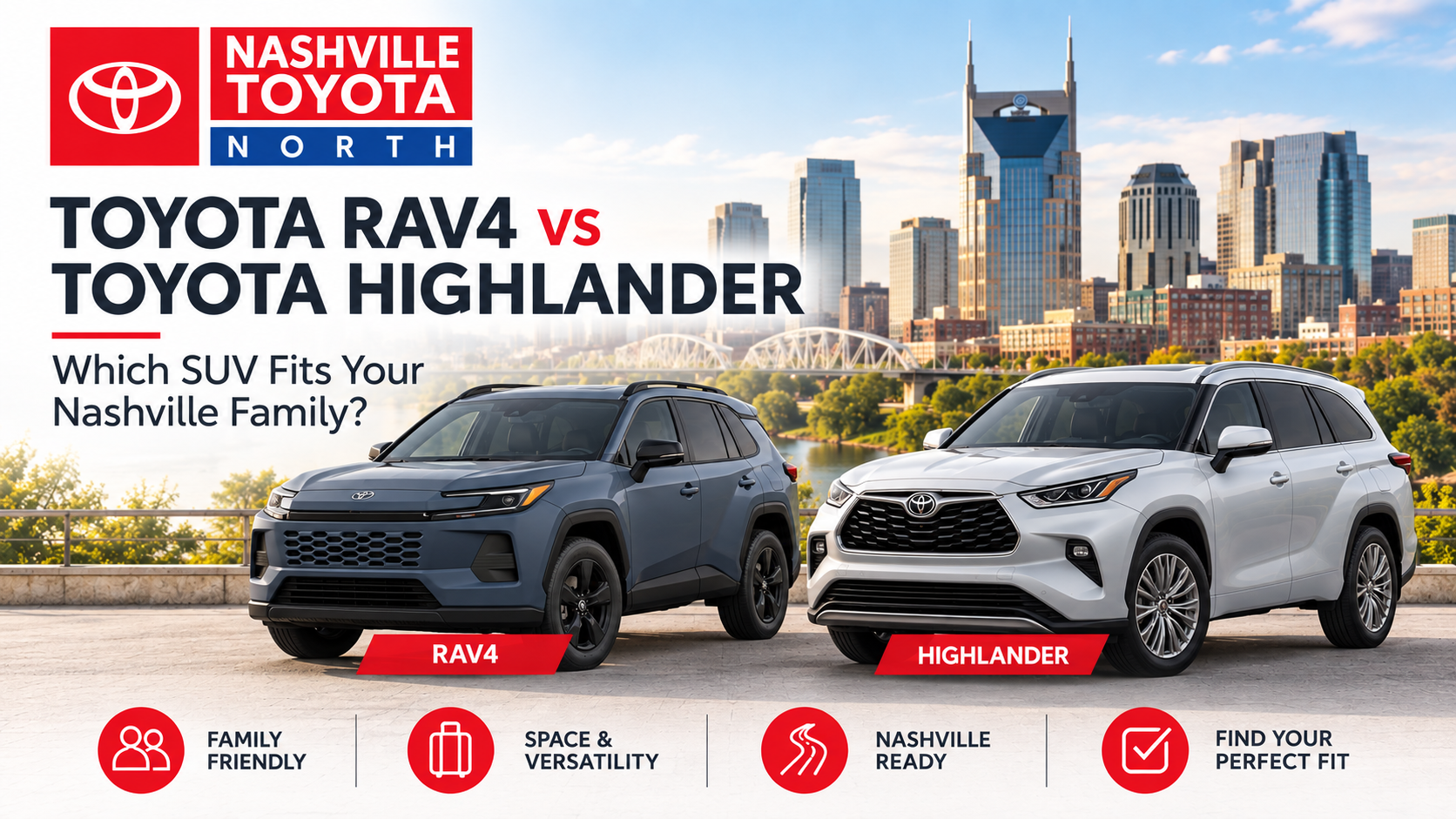 Toyota RAV4 and Toyota Highlander with the Nashville skyline, comparing family friendly SUV options at Nashville Toyota North.