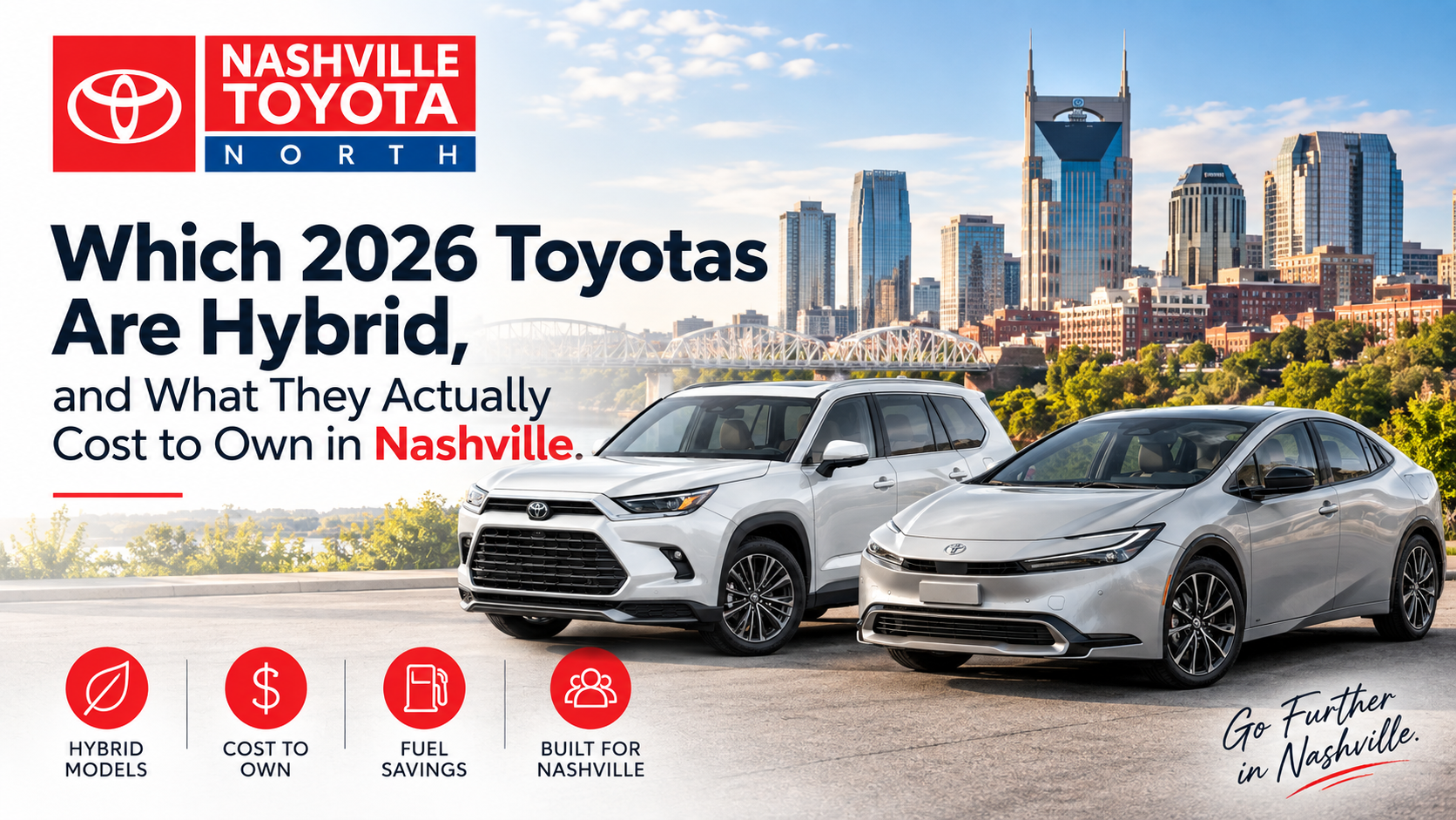 2026 Toyota hybrid models in Nashville, including a Grand Highlander, Prius, and Tacoma, highlighting ownership costs and fuel savings.